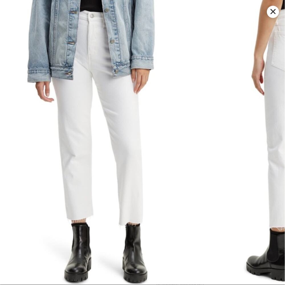 Levi’s White Wedgie Straight Jeans 27 High Rise 26” Cropped Raw Hem Button Fly